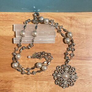Silver Toned Rhinestone & Faux Pearl Pendant Statement Necklace - WHBM